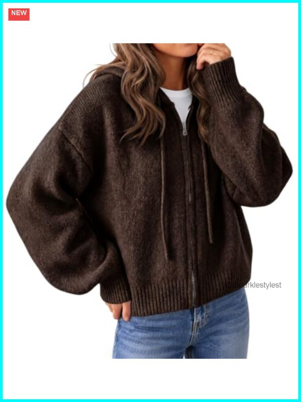 Zip Up Hooded Cardigan Sweater Knit Jacket Women Loose Fit